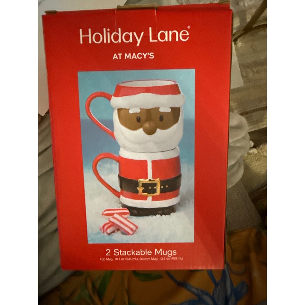 Holiday Lane Macy's Black Santa Stackable Mug Set 2 Piece Ceramic Christmas Red